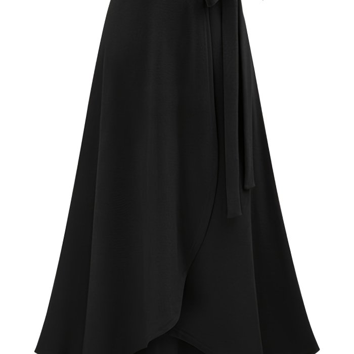 Plus Size Solid Color Side Knot Layered Maxi Skirt, Women's Plus Slight Stretch Elegant Skirt