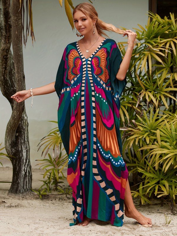 Butterfly Print Kaftan Cover Up Dress, V Neck Loose Fit Short Sleeves Boho Style Beachwear Dress, Women's Swimwear & Clothing
