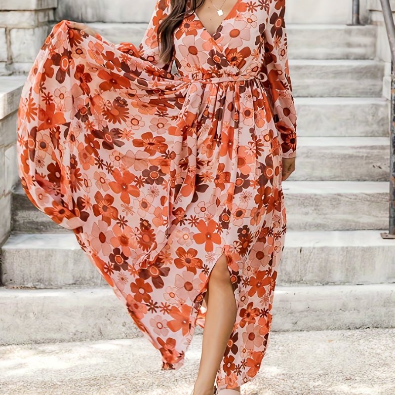 Plus Size Romantic Dress, Women's Plus Floral Print Long Sleeve Surplice Neck Split Hem Maxi Dress With Belt