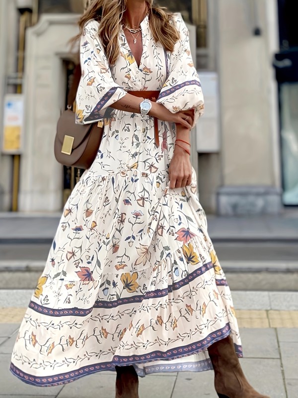 Floral Print Half Sleeve Dress, Boho V Neck Summer Maxi Dress, Women's Clothing