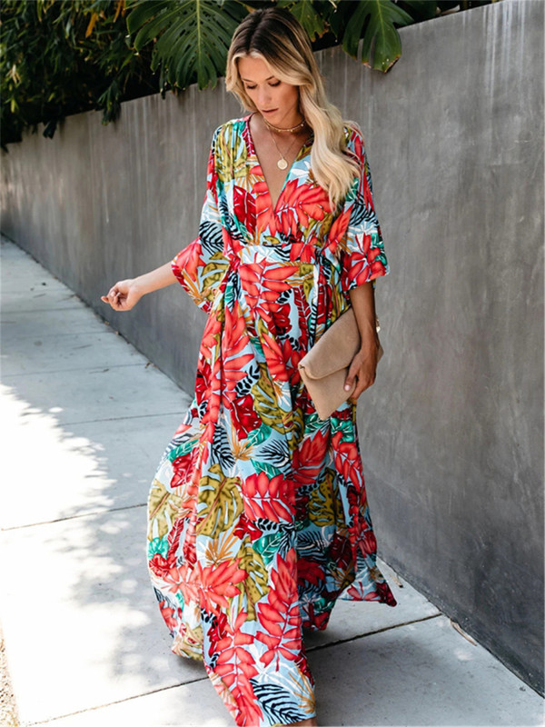 Floral Print Batwing Maxi Dress, Vacation Beach Maxi V Neck Dress, Women's Clothing