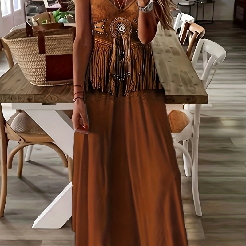 Plus Size Boho Dress, Women's Plus Tribal Print V Neck Slight Stretch Maxi Cami Dress