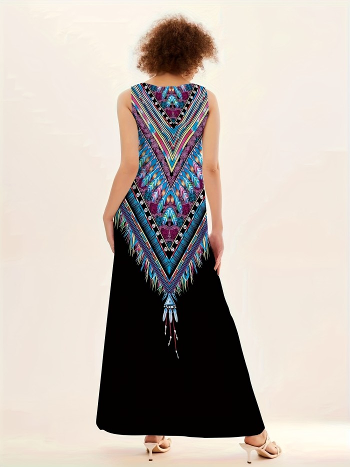 Feather Print Maxi Dress, Boho Notched Sleeveless Dress, Women's Clothing
