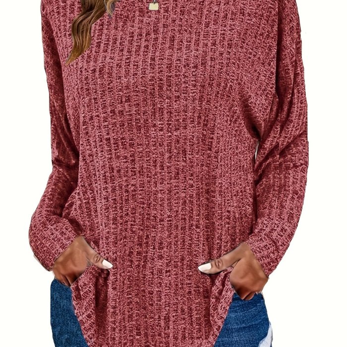 Plus Size Casual Sweater, Women's Plus Solid Ribbed Long Sleeve Round Neck Knit Top