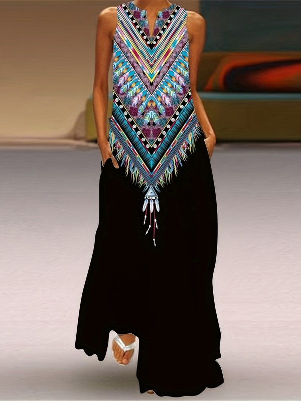 Feather Print Maxi Dress, Boho Notched Sleeveless Dress, Women's Clothing