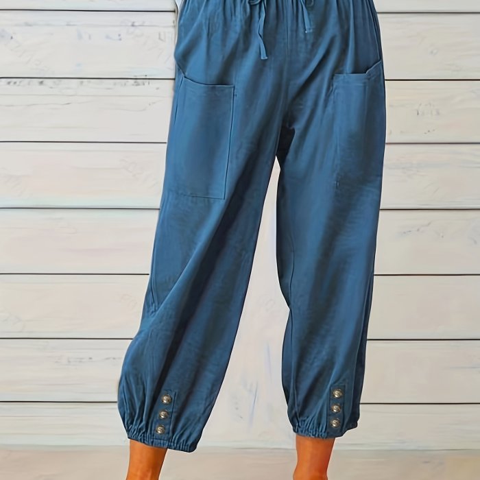 Plus Size Casual Pants, Women's Plus Solid Drawstring Elastic Button Decor Pants