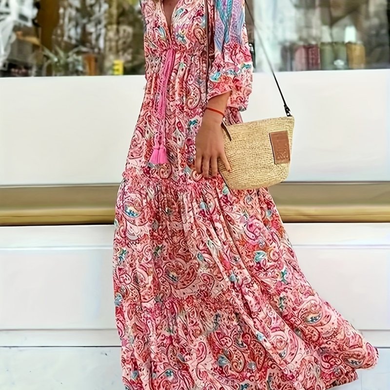 Plus Size Boho Dress, Women's Plus Paisley Print Fringe Drawstring Front V Neck Short Sleeve Ruffle Trim Maxi Dress