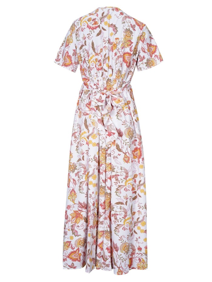 2022 Spring&Autunm New European And American Casual Bohemia Style Elegant Print V-neck Long Slit Dress
