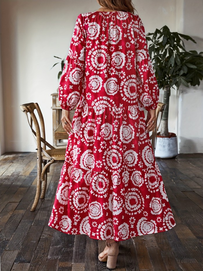 Allover Print Maxi Dress, Elegant V Neck Long Sleeve Loose Dress, Women's Clothing