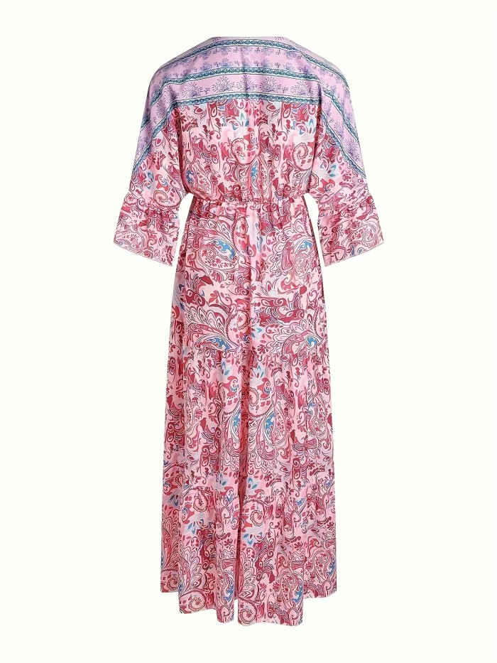 Plus Size Boho Dress, Women's Plus Paisley Print Fringe Drawstring Front V Neck Short Sleeve Ruffle Trim Maxi Dress