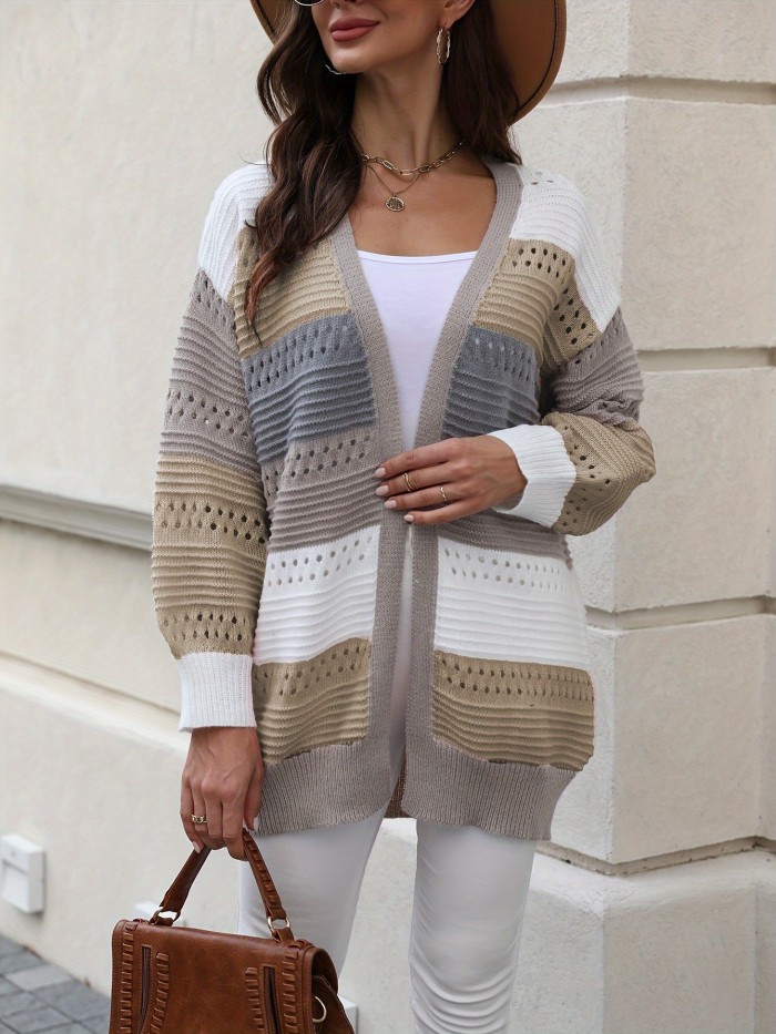 Plus Size Casual Cardigan, Women's Plus Colorblock Hollow Out Long Sleeve Open Front Cardigan