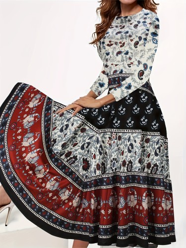 Plus Size Boho Dress, Women's Plus Tribal & Floral Print Three Quarter Sleeve Round Neck Maxi Dress