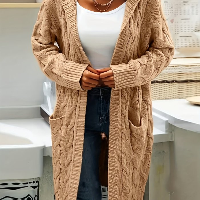 Plus Size Casual Cardigan, Women's Plus Cable Knit Long Sleeve Open Front Medium Stretch Hooded Sweater Cardigan With Pockets