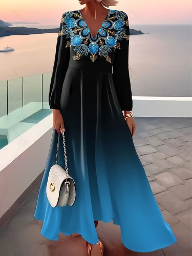 Ethnic Print Gradient Dress, Elegant V Neck Long Sleeve Maxi Dress, Women's Clothing
