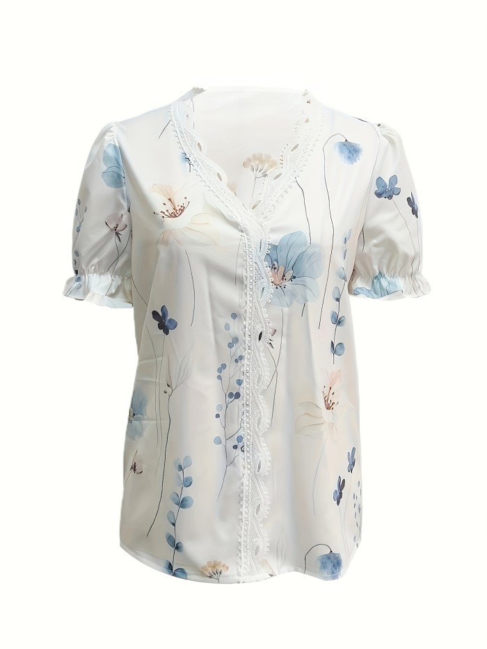 Plus Size Casual Blouse, Women's Plus Floral Print Contrast Lace Panel Puff Sleeve V Neck Slight Stretch Top
