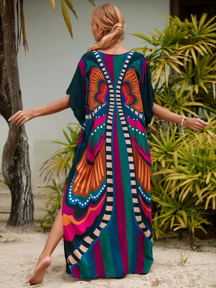 Butterfly Print Kaftan Cover Up Dress, V Neck Loose Fit Short Sleeves Boho Style Beachwear Dress, Women's Swimwear & Clothing