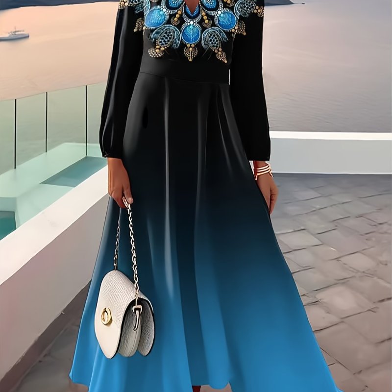 Ethnic Print Gradient Dress, Elegant V Neck Long Sleeve Maxi Dress, Women's Clothing