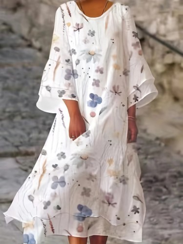 Plus Size Casual Dress, Women's Plus Floral Print Layered Bell Sleeve Round Neck Maxi Dress