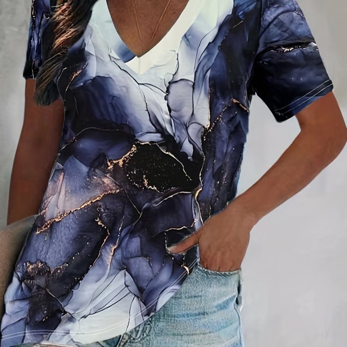 Plus Size Casual Top, Women's Plus Colorful Bubble Print Short Sleeve V Neck Slight Stretch Tee