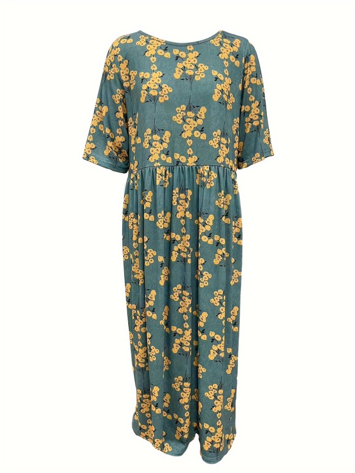 Plus Size Boho Dress, Women's Plus Allover Print Half Sleeve Round Neck Loose Fit Maxi Dress