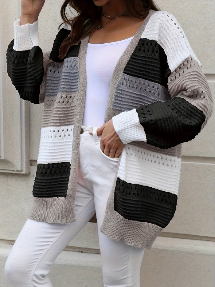 Plus Size Casual Cardigan, Women's Plus Colorblock Hollow Out Long Sleeve Open Front Cardigan