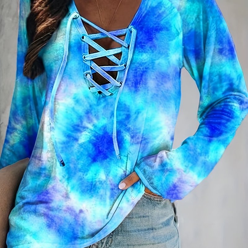 Plus Size Casual T-shirt, Women's Plus Tie Dye Lace Up Long Sleeve V Neck Medium Stretch T-shirt