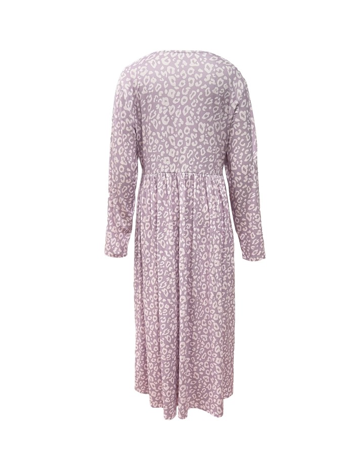 Plus Size Casual Dress, Women's Plus Leopard Print Long Sleeve Round Neck Maxi Dress