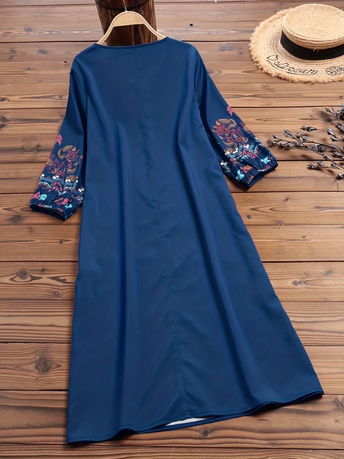 Plus Size Boho Dress, Women's Plus Geometric Print Long Sleeve Round Neck Cut Out Front Medium Stretch Maxi Dress