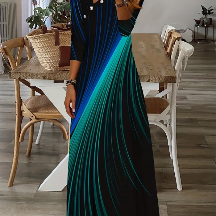 Geo Print Asymmetrical Neck Dress, Casual Long Sleeve Maxi Dress, Women's Clothing