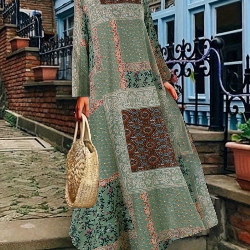 Plus Size Boho Dress, Women's Plus Patchwork Print Long Sleeve Round Neck Maxi Dress
