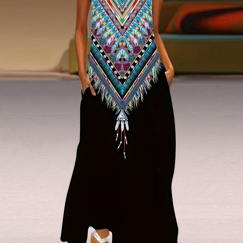 Feather Print Maxi Dress, Boho Notched Sleeveless Dress, Women's Clothing