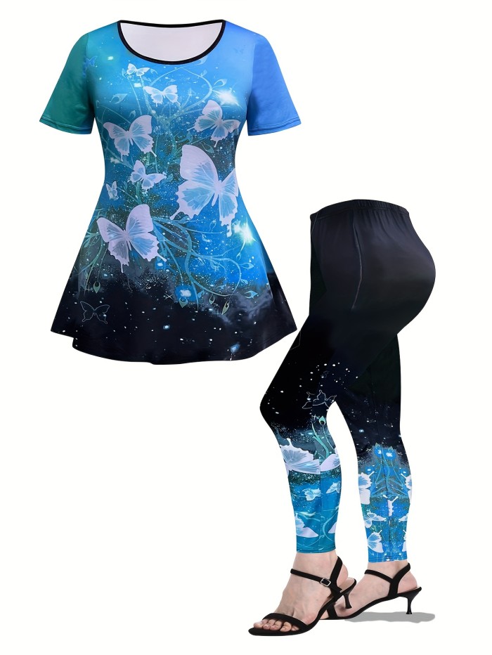 Plus Size Elegant Outfits Set, Women 's Plus Tie Dye Butterfly Print Round Neck Short Sleeve Pleated Top & Leggings Outfits Two Piece Set