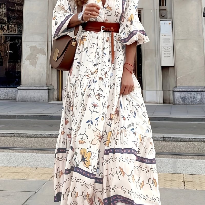 Floral Print Half Sleeve Dress, Boho V Neck Summer Maxi Dress, Women's Clothing