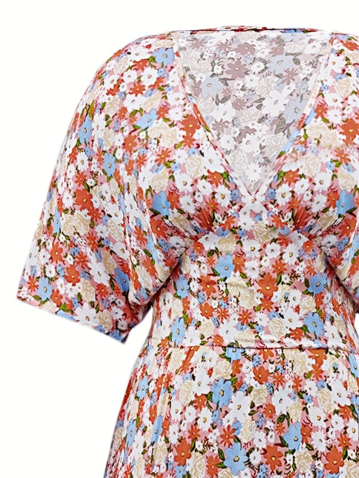 Plus Size Romantic Dress, Women's Plus Allover Floral Print Half Sleeve V Neck Split Hem Maxi Dress