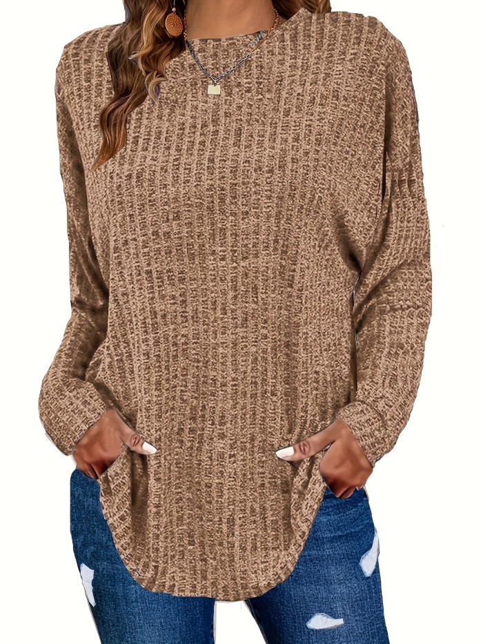 Plus Size Casual Sweater, Women's Plus Solid Ribbed Long Sleeve Round Neck Knit Top