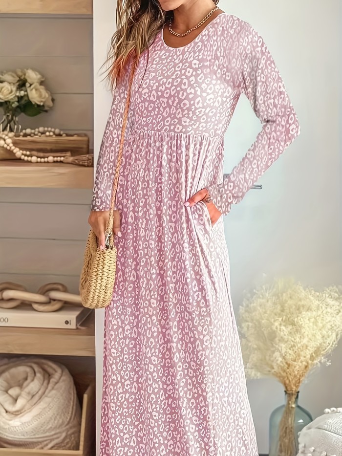 Plus Size Casual Dress, Women's Plus Leopard Print Long Sleeve Round Neck Maxi Dress