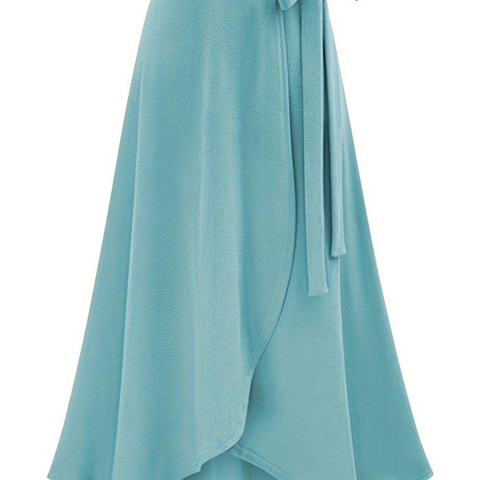 Plus Size Solid Color Side Knot Layered Maxi Skirt, Women's Plus Slight Stretch Elegant Skirt