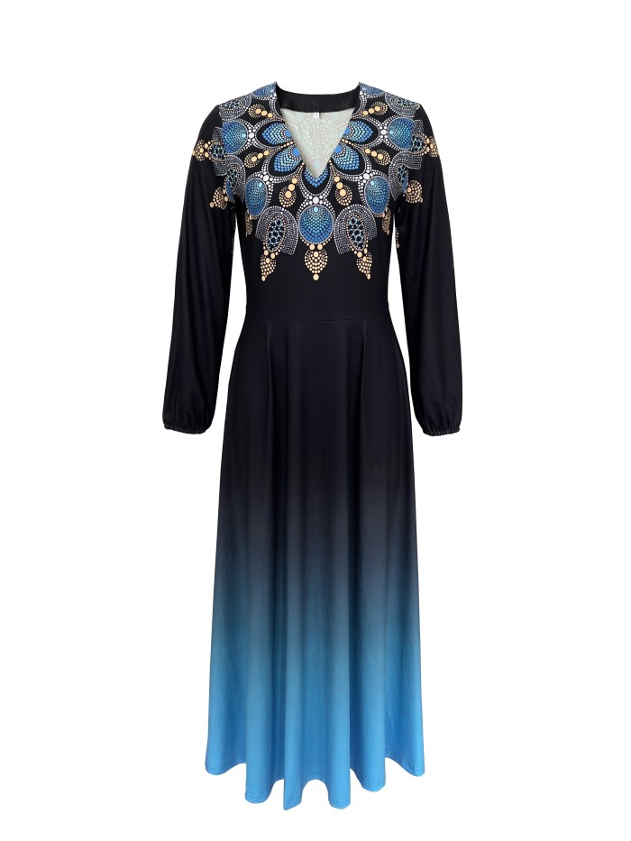 Ethnic Print Gradient Dress, Elegant V Neck Long Sleeve Maxi Dress, Women's Clothing