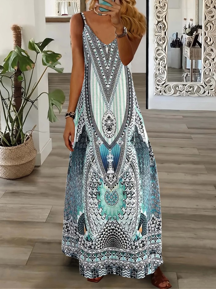 Plus Size Boho Dress, Women's Plus Tribal Print V Neck Slight Stretch Maxi Cami Dress