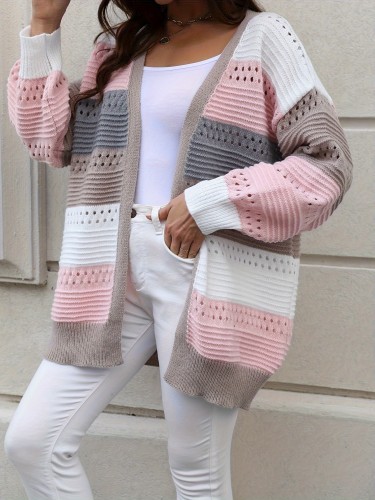 Plus Size Casual Cardigan, Women's Plus Colorblock Hollow Out Long Sleeve Open Front Cardigan