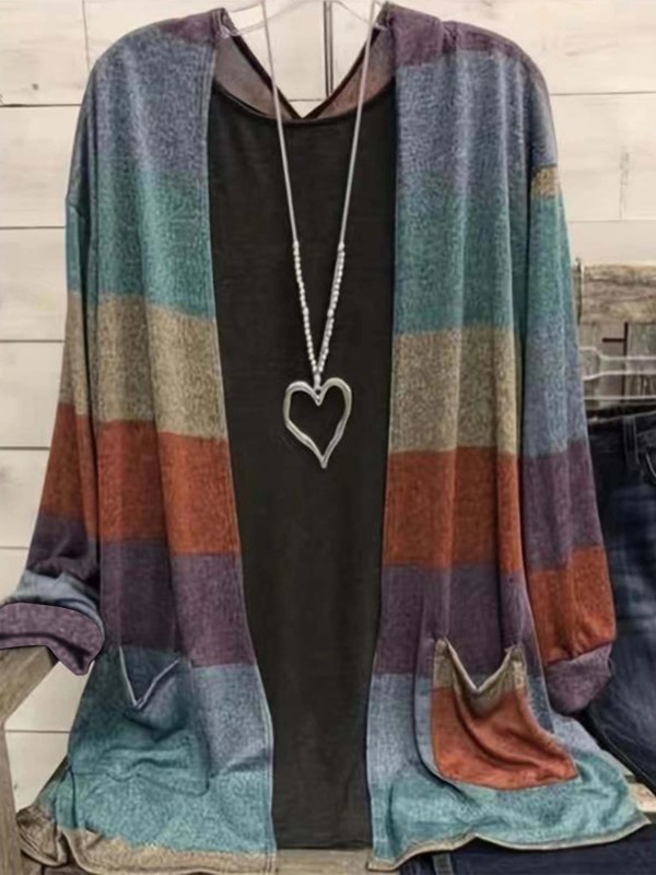 Plus Size Casual Cardigan, Women's Plus Colorblock Long Sleeve Open Front Cardigan With Pockets