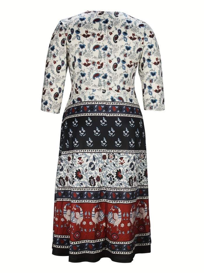 Plus Size Boho Dress, Women's Plus Tribal & Floral Print Three Quarter Sleeve Round Neck Maxi Dress
