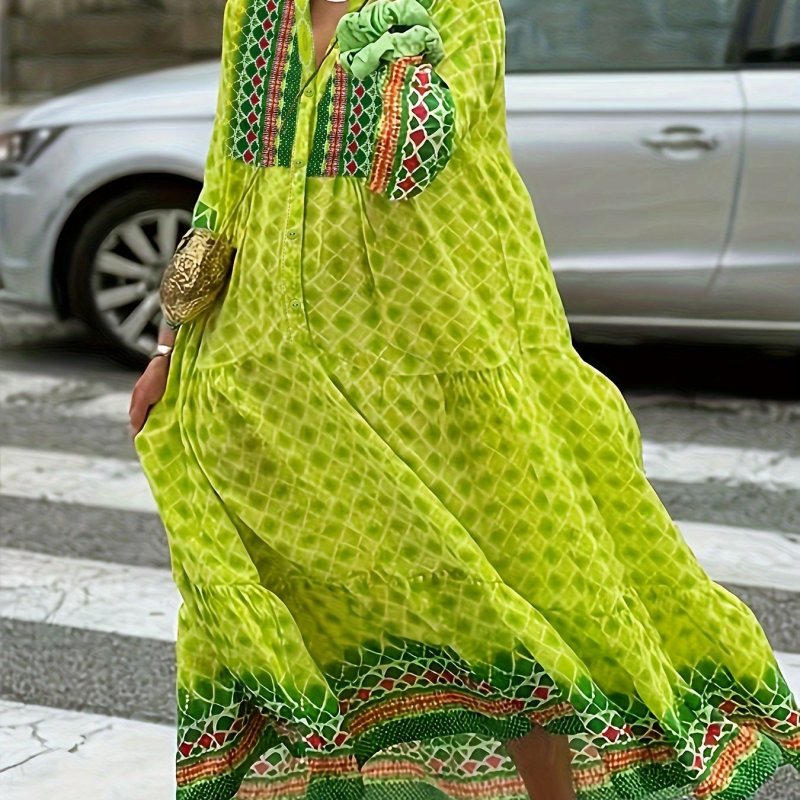 Plus Size Boho Dress, Women's Plus Geometric Print Long Sleeve Button Up Lapel Collar Smock Maxi Dress