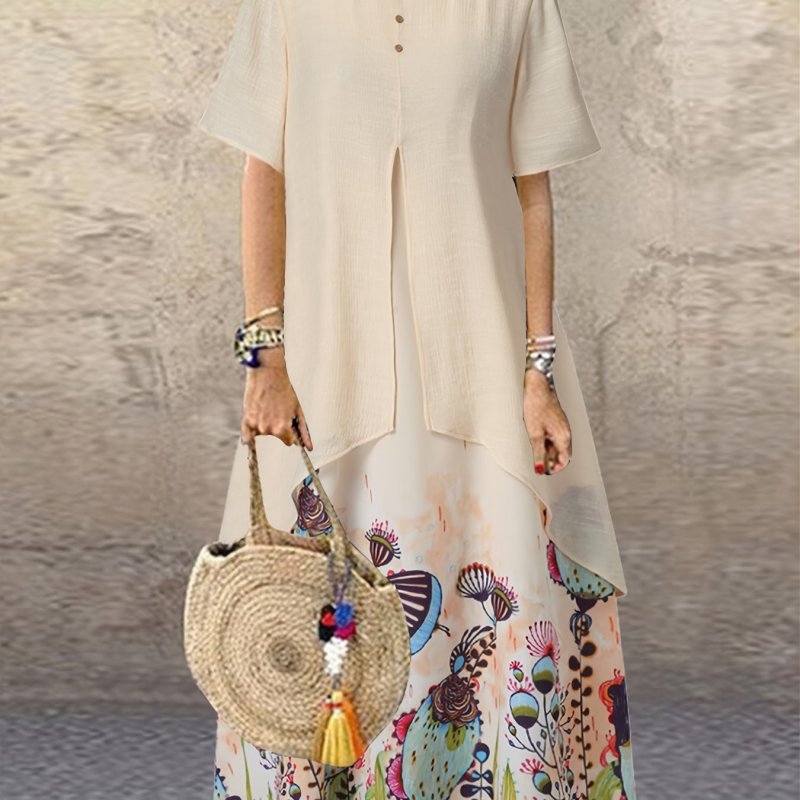 Floral Print Asymmetrical Round Neck Short Sleeve Dress, Casual Loose Vintage Maxi Dress, Women's Clothing