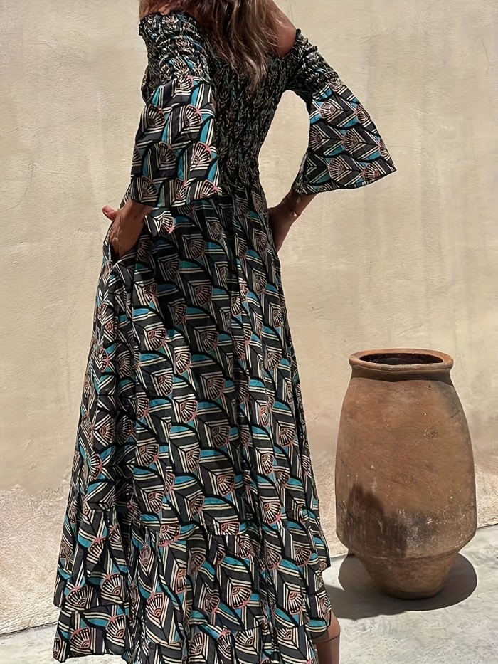 Abstract Print Off Shoulder Dress, Boho Flared Sleeve Maxi Dress, Women's Clothing