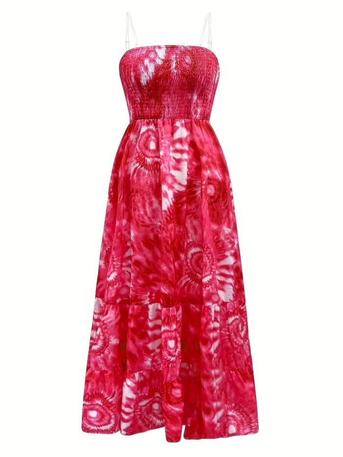 Tie Dye Print Shirred Dress, Sexy Spaghetti Strap Maxi Dress, Women's Clothing