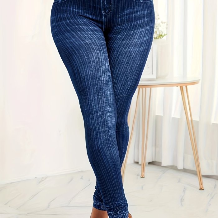 Plus Size Casual Pants, Women's Plus Denim Print High Rise Medium Stretch Leggings