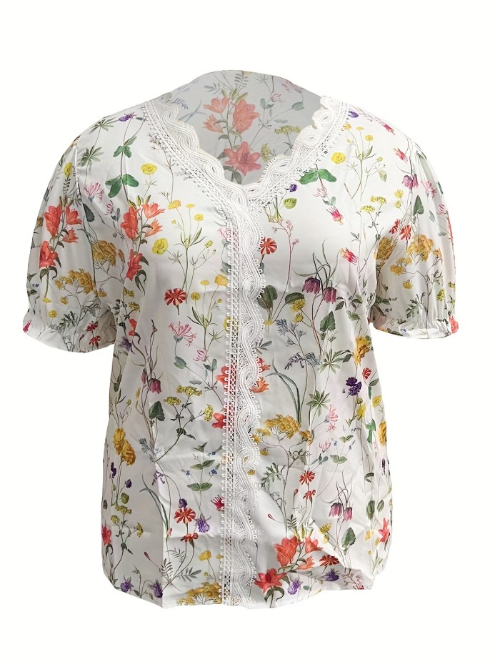 Plus Size Casual Blouse, Women's Plus Floral Print Contrast Lace Panel Puff Sleeve V Neck Slight Stretch Top