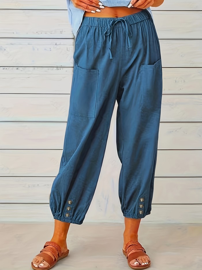 Plus Size Casual Pants, Women's Plus Solid Drawstring Elastic Button Decor Pants