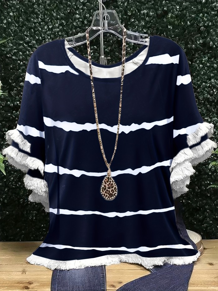 Plus Size Boho T-shirt, Women's Plus Leopard Print Layered Sleeve Fringe Trim Round Neck Tee